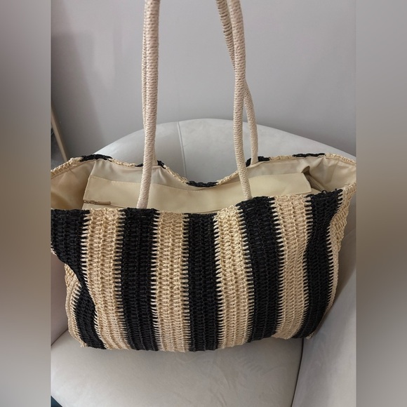 Striped Black and Cream Woven Tote Bag - Picture 1 of 4